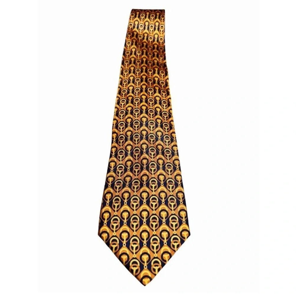 Gucci Mens Vintage Silk Tie With Geometric Pattern In Yellow & Navy- - Picture 1 of 4
